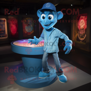 Cyan Plate Spinner mascot costume character dressed with a Denim Shirt and Anklets