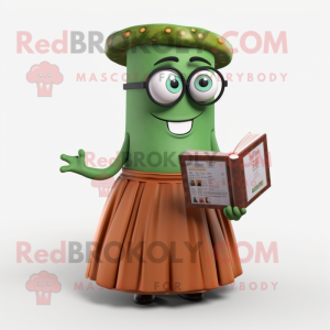 Rust Cucumber mascot costume character dressed with a Circle Skirt and Reading glasses