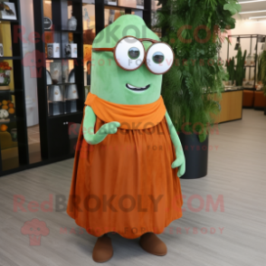 Rust Cucumber mascot costume character dressed with a Circle Skirt and Reading glasses