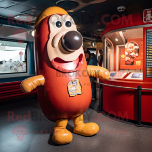Rust Hot Dog mascot costume character dressed with a Playsuit and Brooches