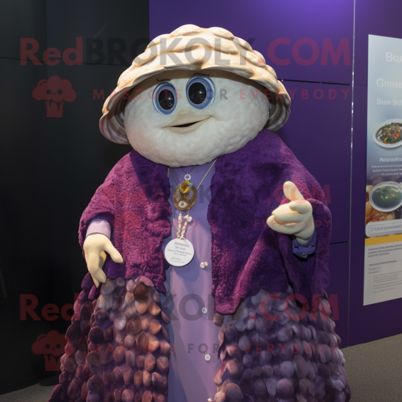 Purple Oyster mascot costume character dressed with a Jacket and Shawl pins