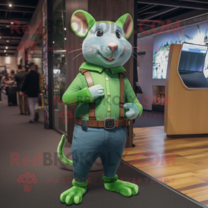 Green Rat mascot costume character dressed with a Bootcut Jeans and Digital watches