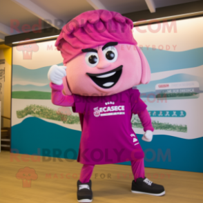 Magenta Caesar Salad mascot costume character dressed with a One-Piece Swimsuit and Beanies