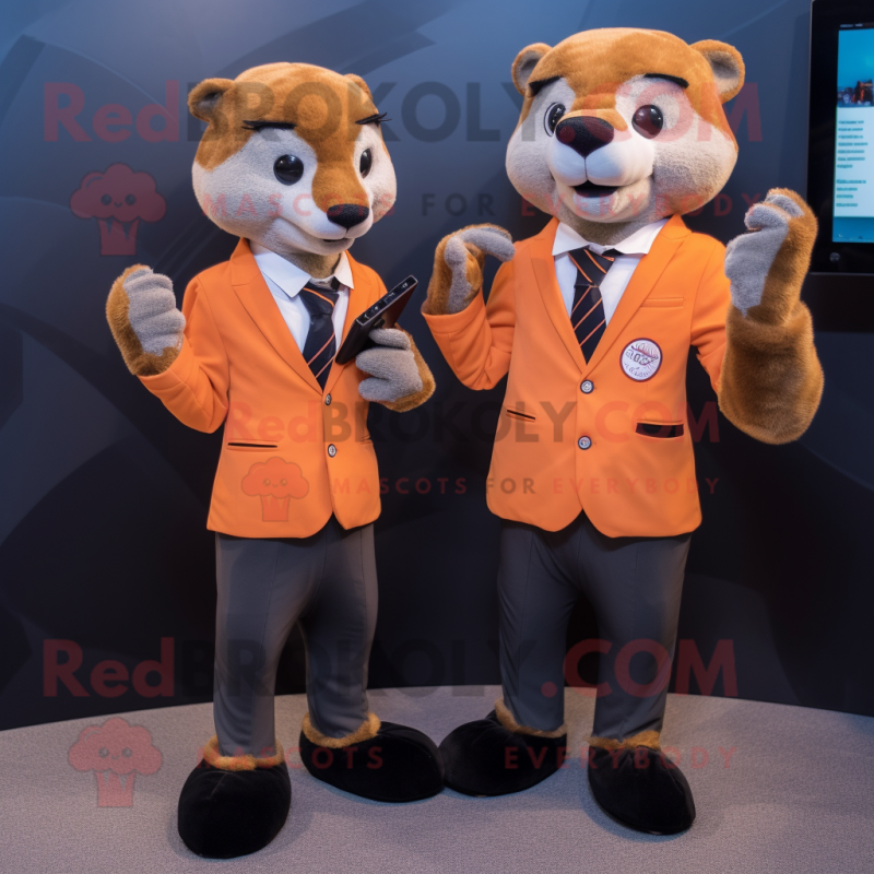 Peach Mongoose mascot costume character dressed with a Suit Jacket and Smartwatches