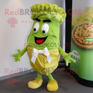 Lime Green Pesto Pasta mascot costume character dressed with a Cargo Pants and Bow ties