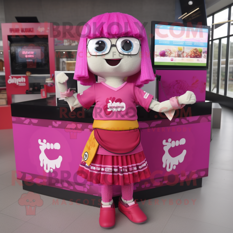 Magenta Ramen mascot costume character dressed with a Mini Skirt and Smartwatches