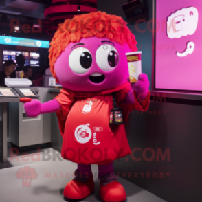 Magenta Ramen mascot costume character dressed with a Mini Skirt and Smartwatches