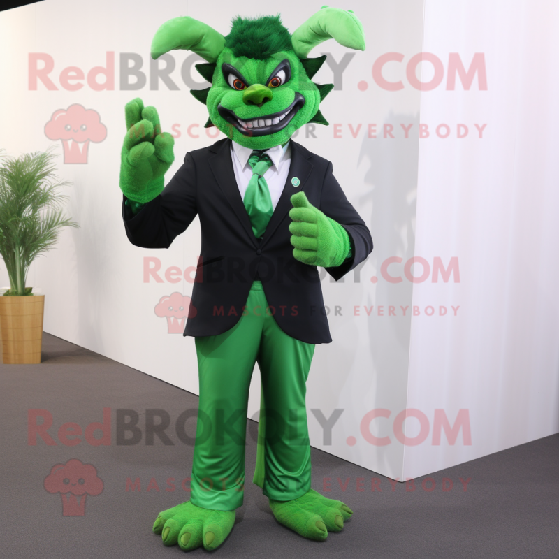 Forest Green Devil mascot costume character dressed with a Suit Pants and Ties