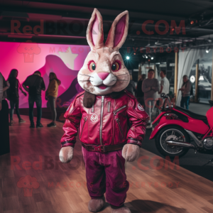 Magenta Wild Rabbit mascot costume character dressed with a Moto Jacket and Clutch bags