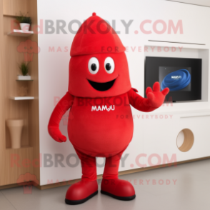 Red Mango mascot costume character dressed with a Trousers and Beanies