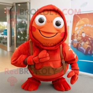 Personaje de disfraz de mascota de cangrejo ermitaño rojo vestido con una  falda plisada y anteojos