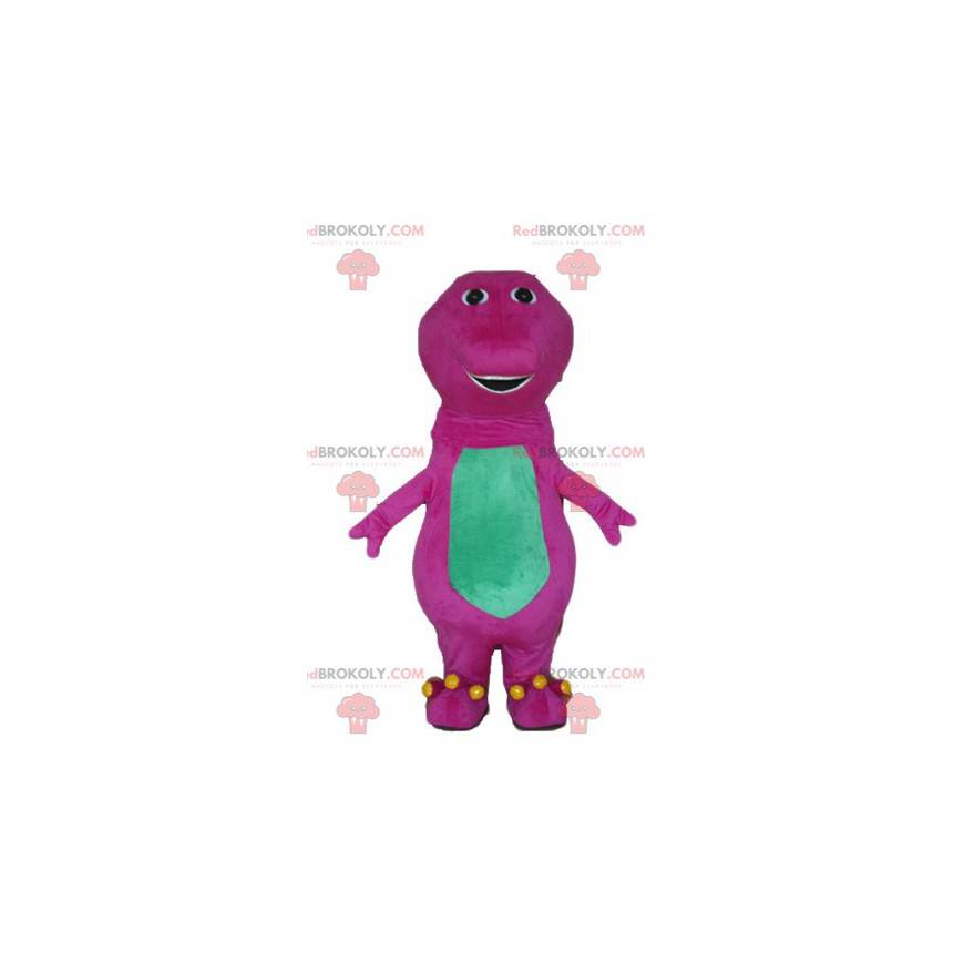 Mascote de dinossauro rosa e verde gordo e engraçado