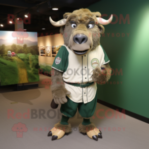 Forest Green Buffalo mascot costume character dressed with a Baseball Tee and Shoe clips