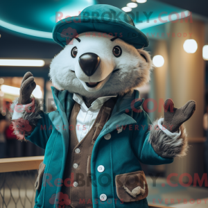 Teal Badger mascot costume...