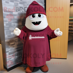 Maroon Shakshuka mascot costume character dressed with a Coat and Pocket squares