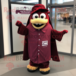 Maroon Shakshuka mascot costume character dressed with a Coat and Pocket squares