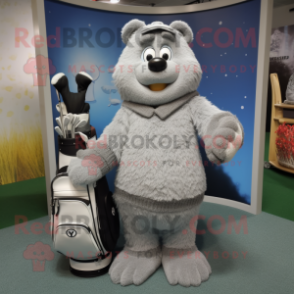 Gray Golf Bag mascot costume character dressed with a Cardigan and Mittens