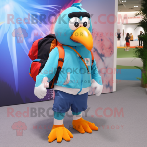 Sky Blue Toucan mascot costume character dressed with a Sweatshirt and Backpacks
