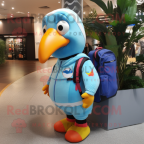 Sky Blue Toucan mascot costume character dressed with a Sweatshirt and Backpacks