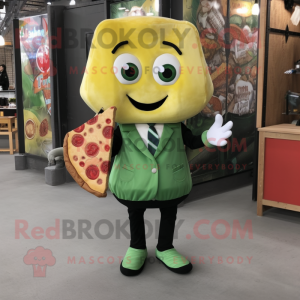 Olive Pizza Slice mascot costume character dressed with a Vest and Coin purses