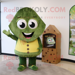 Olive Pizza Slice mascot costume character dressed with a Vest and Coin purses