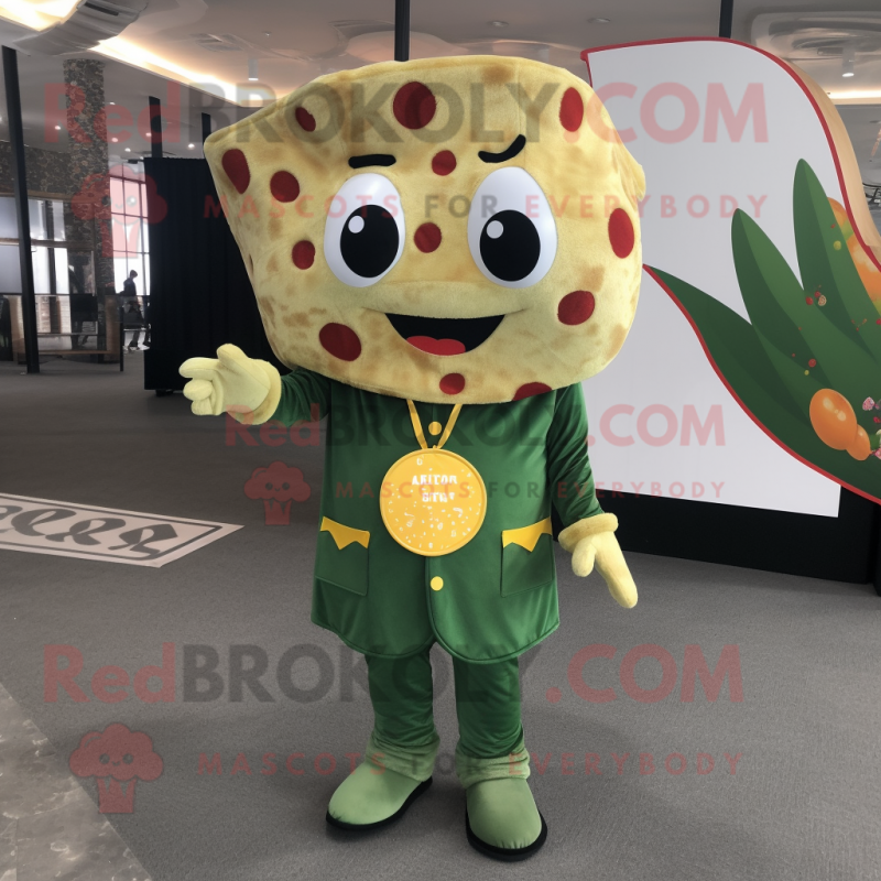 Olive Pizza Slice mascot costume character dressed with a Vest and Coin ...