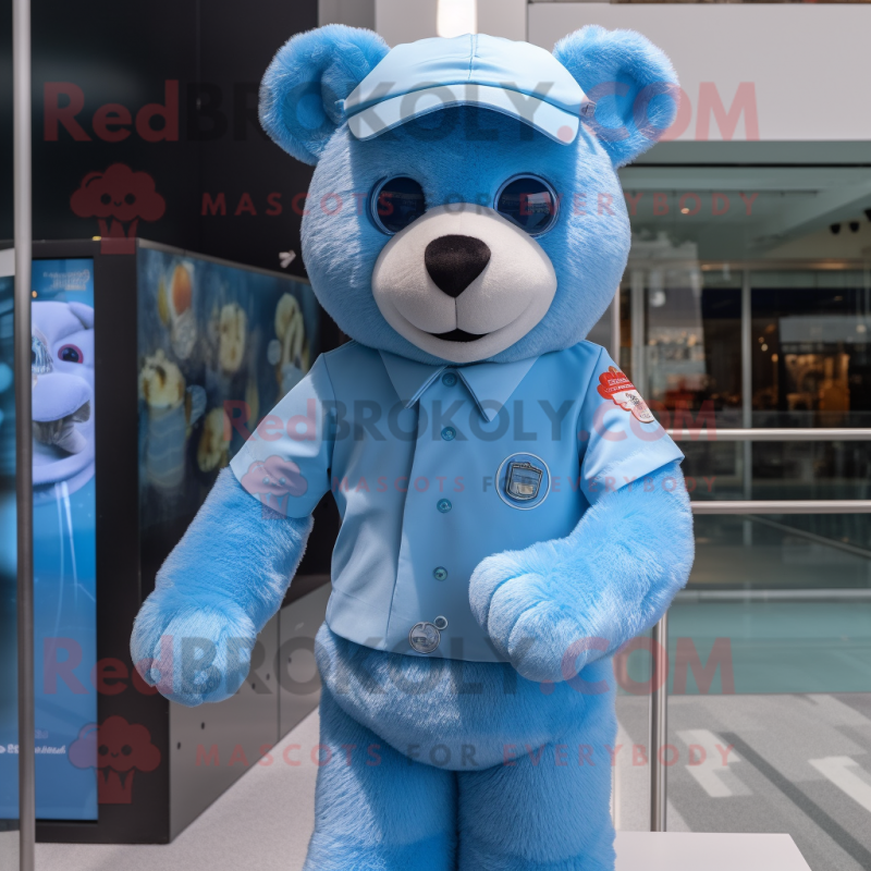 Sky Blue Bear mascot costume character dressed with a Henley Shirt and Bracelets