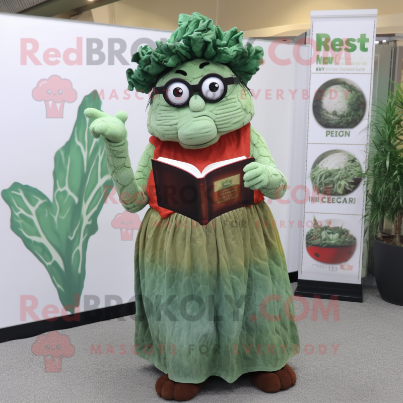 Rust Cabbage mascot costume character dressed with a Maxi Dress and Reading glasses