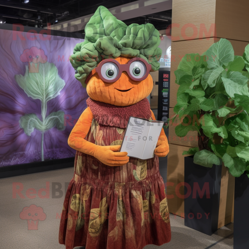 Rust Cabbage mascot costume character dressed with a Maxi Dress and Reading glasses