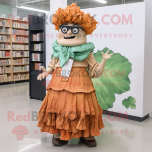 Rust Cabbage mascot costume character dressed with a Maxi Dress and Reading glasses