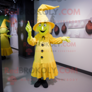 Lemon Yellow Witch mascot costume character dressed with a Trousers and Gloves