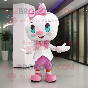 White Pink mascot costume character dressed with a Jumpsuit and Bow ties