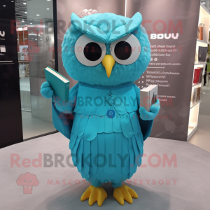 Cyan Owl mascot costume character dressed with a Empire Waist Dress and Reading glasses