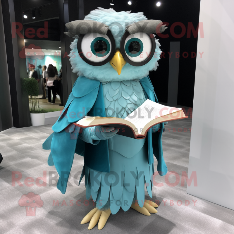 Cyan Owl mascot costume character dressed with a Empire Waist Dress and Reading glasses