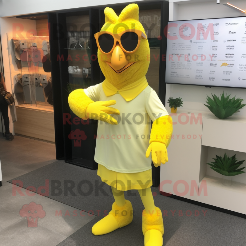 Lemon Yellow Tandoori Chicken mascot costume character dressed with a Romper and Eyeglasses