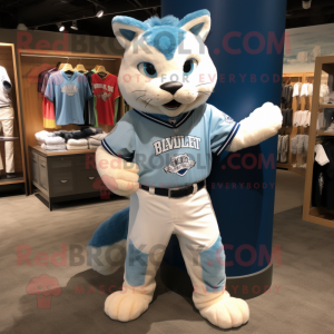 Sky Blue Lynx mascot costume character dressed with a Baseball Tee and Belts