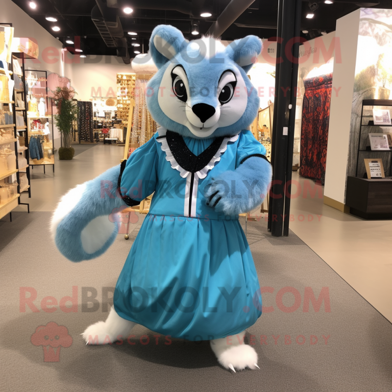 Sky Blue Civet mascot costume character dressed with a Ball Gown and Messenger bags