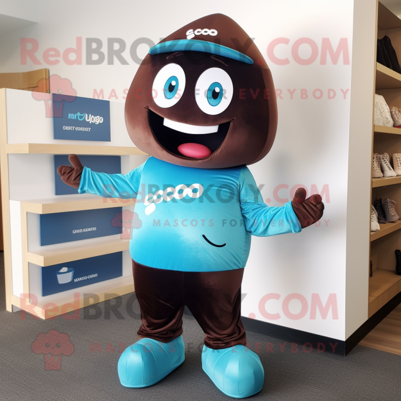 Cyan Chocolates mascot costume character dressed with a Joggers and Hat pins