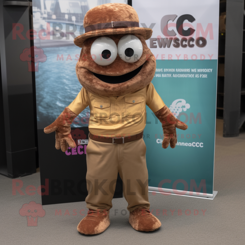 Brown Ceviche mascot costume character dressed with a Corduroy Pants and Necklaces