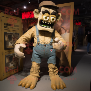 Tan Frankenstein'S Monster mascot costume character dressed with a Denim Shorts and Mittens