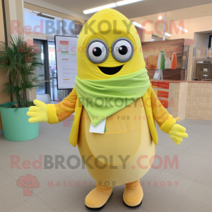 Lemon Yellow Enchiladas mascot costume character dressed with a Turtleneck and Beanies