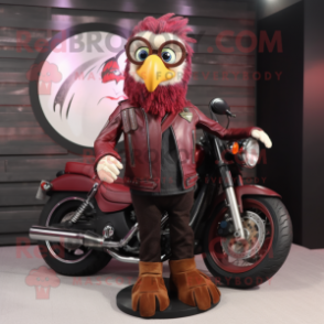 Maroon Peacock mascot costume character dressed with a Biker Jacket and Eyeglasses