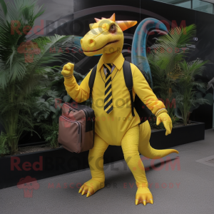 Yellow Parasaurolophus mascot costume character dressed with a Suit and Backpacks