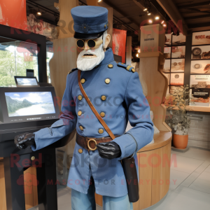 Cream Civil War Soldier mascot costume character dressed with a Denim Shirt and Smartwatches