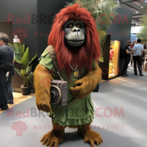 Olive Orangutan mascot costume character dressed with a Maxi Dress and Backpacks