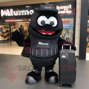 Black Moussaka mascot costume character dressed with a Moto Jacket and Briefcases