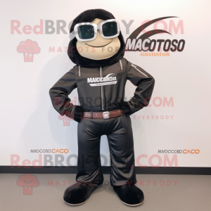 Black Moussaka mascot costume character dressed with a Moto Jacket and Briefcases