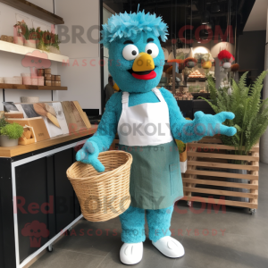 Cyan Fried Chicken mascot costume character dressed with a Dungarees and Wraps