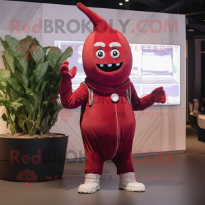 Maroon Radish mascot costume character dressed with a Jumpsuit and Rings