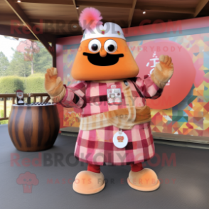 Peach Samurai mascot costume character dressed with a Flannel Shirt and Rings